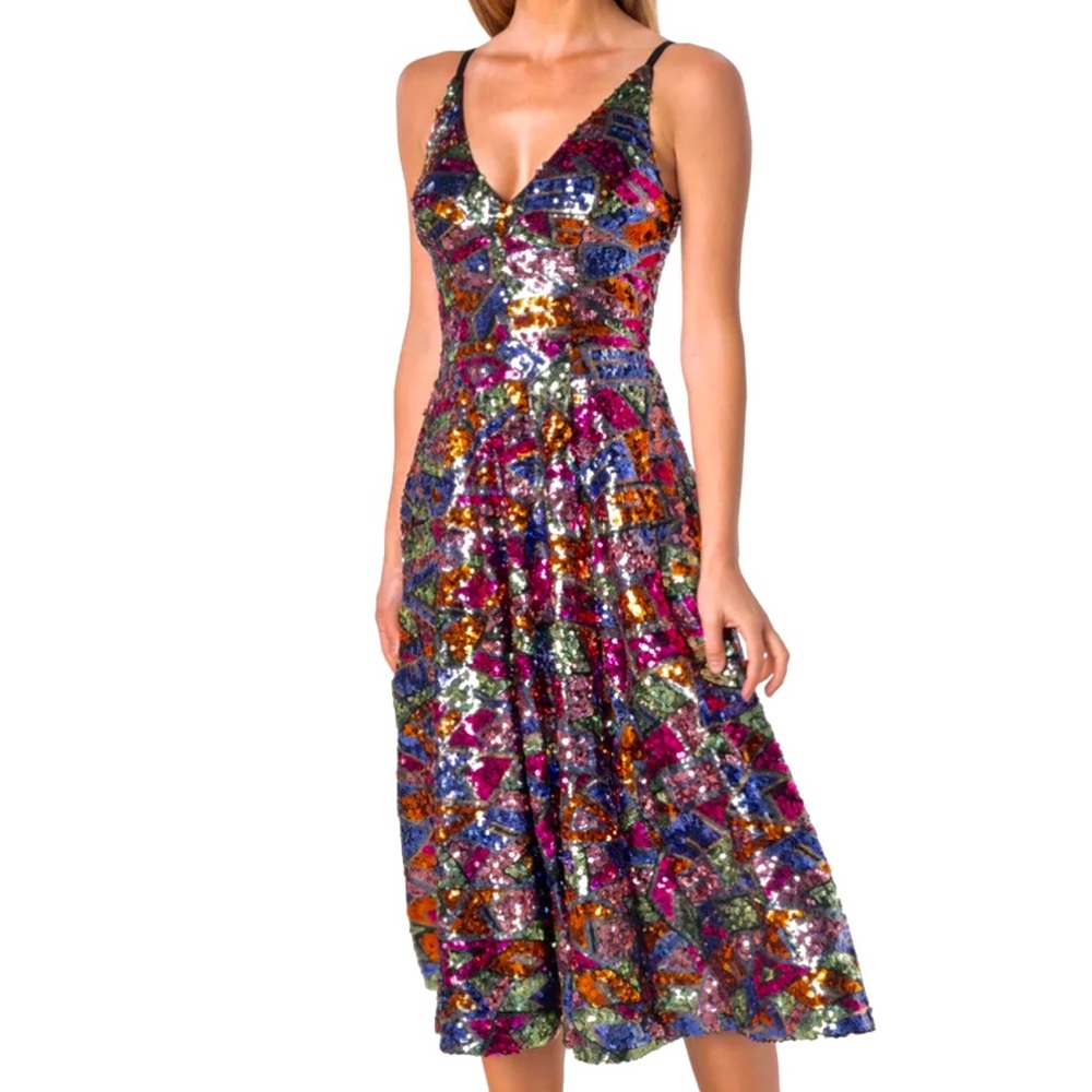 Dress Population!  Bellamy Plunging Neckline Sequin Midi Dress!